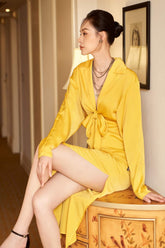 Silk midi dress with front tie detail, deep neckline, and long sleeves for statement evenings
